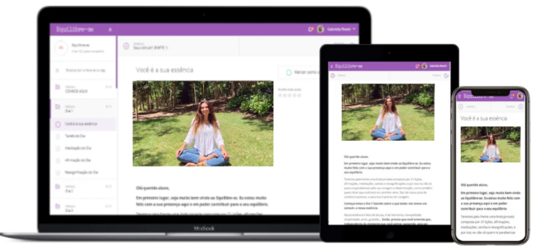 Mockup do programa Equilibre-se exibido em notebook, tablet e celular